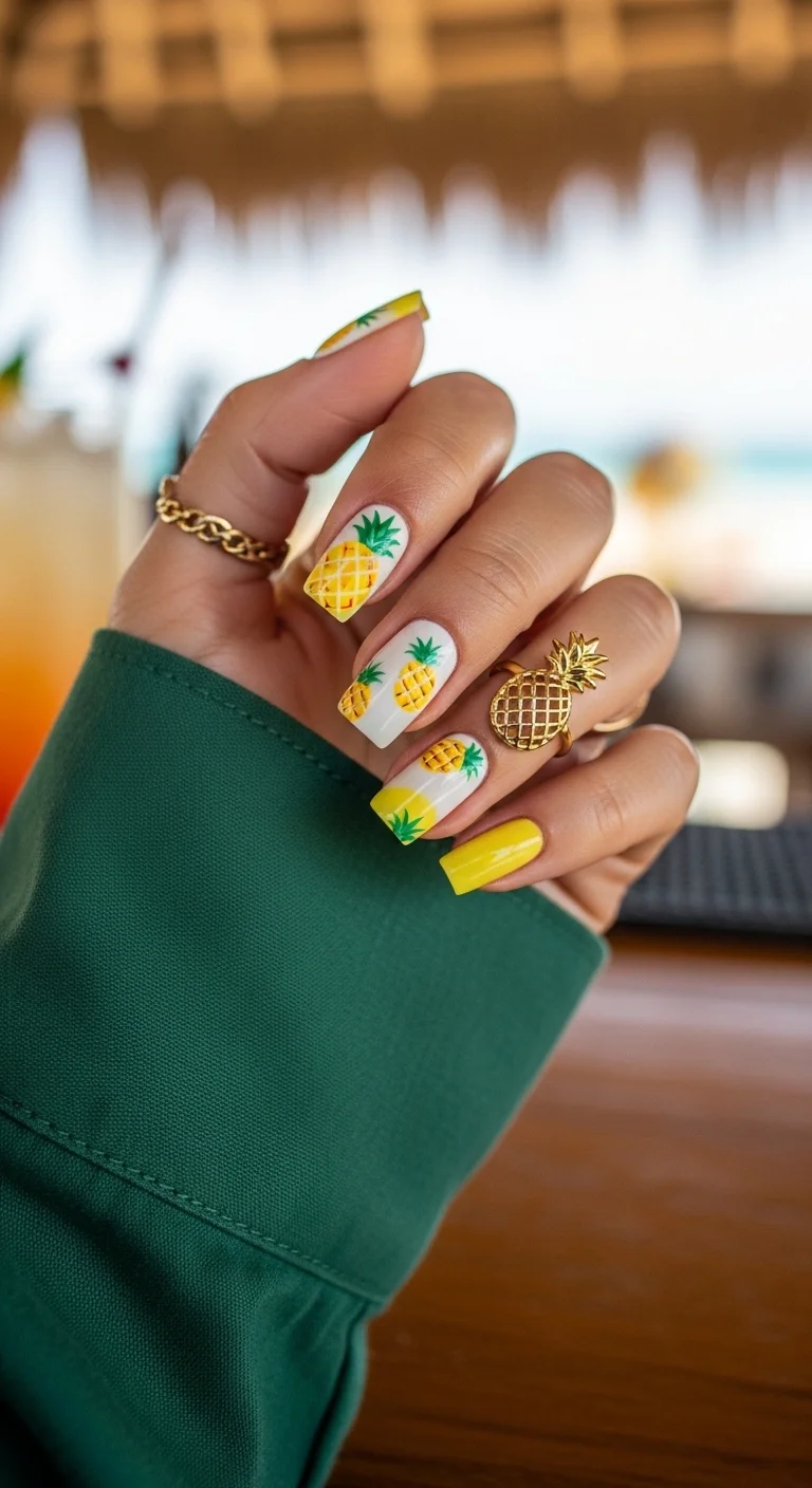 Long square nails with a white base and hand-painted pineapple fruit art.