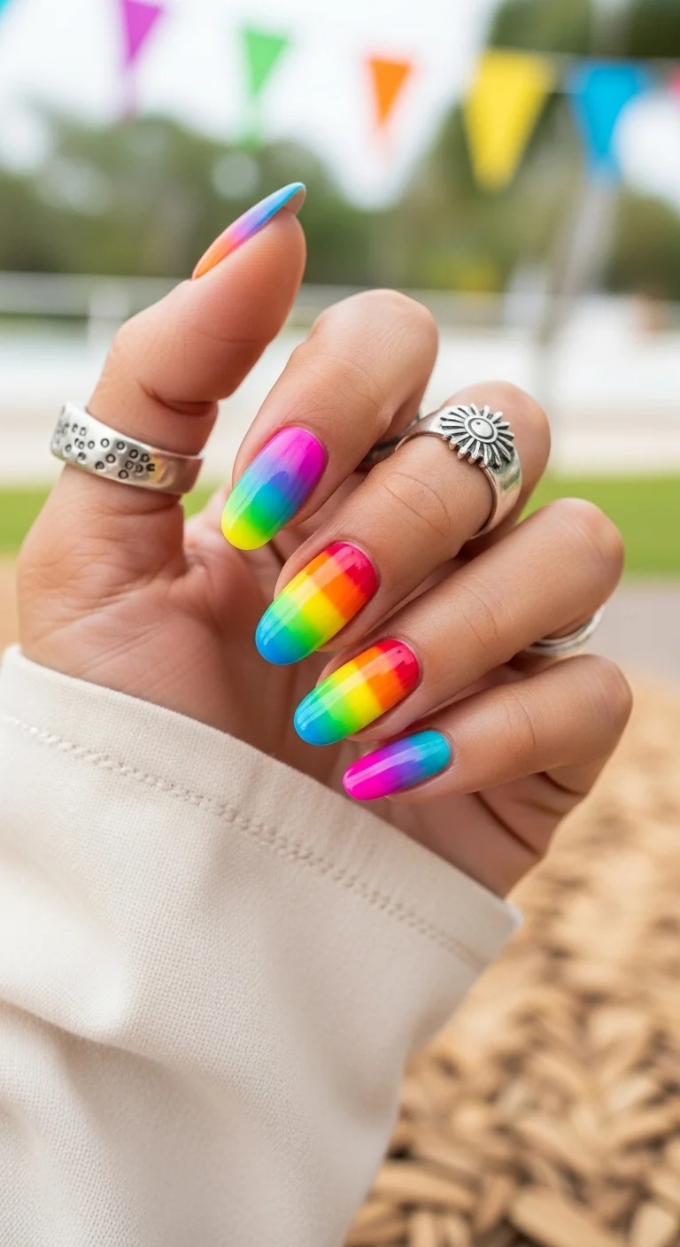 Medium almond nails with a vertical rainbow gradient on each nail.