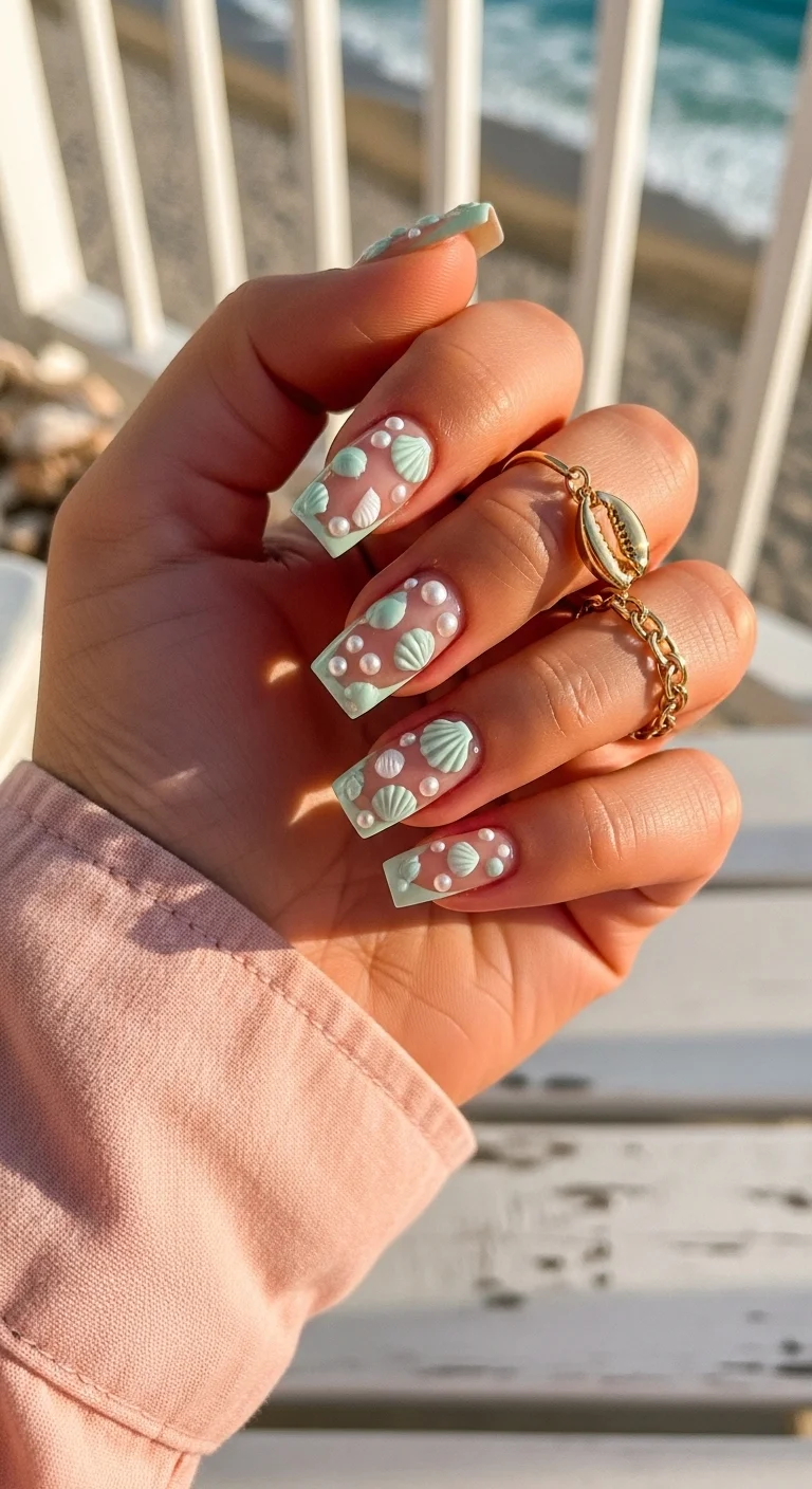 Long square nails with clear base, 3D mint green seashells, and tiny white pearls.