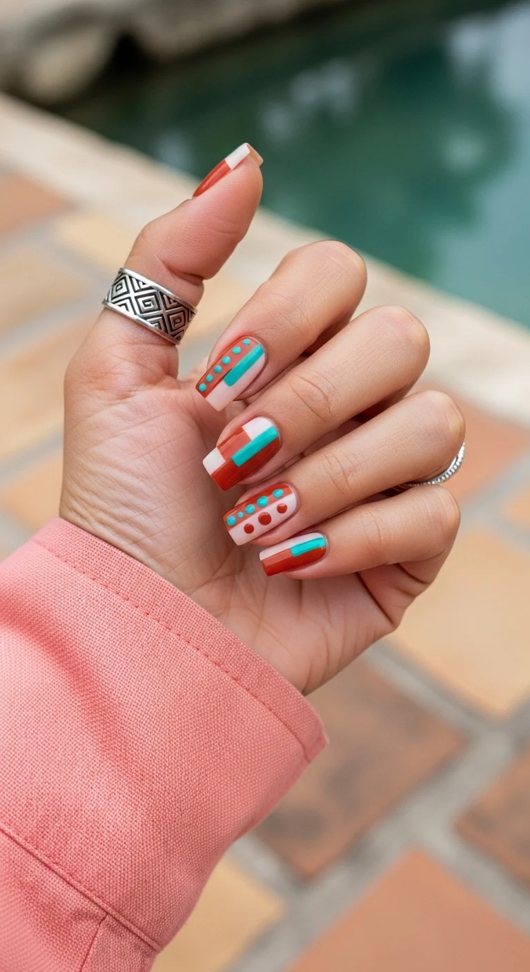 Short square nails with geometric patterns in terracotta, turquoise, and white.