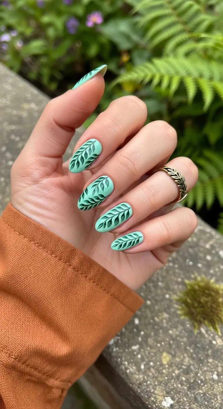 Almond mint green nails featuring delicate dark green hand-painted fern leaves, set against outdoor foliage