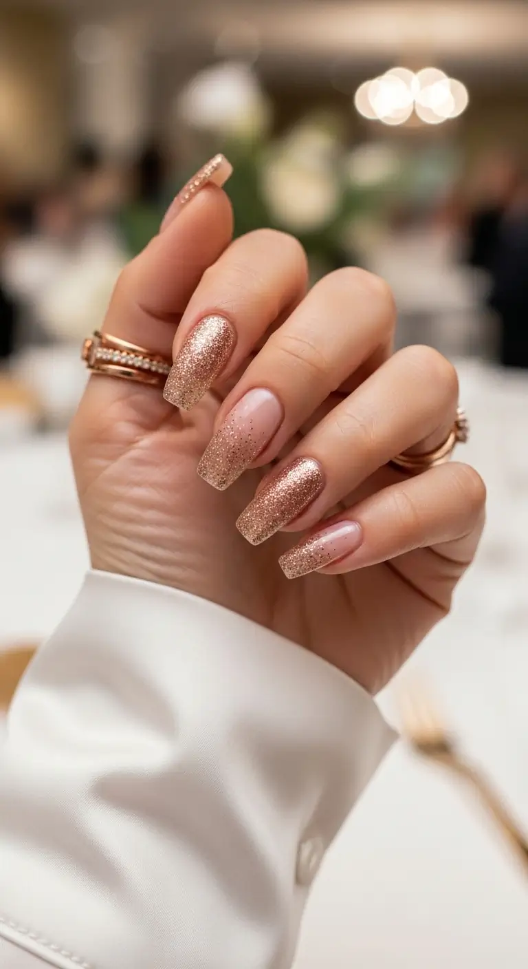 Long coffin nails featuring a heavy rose gold glitter gradient over a nude base, with fully glittered accent nails, at a formal event