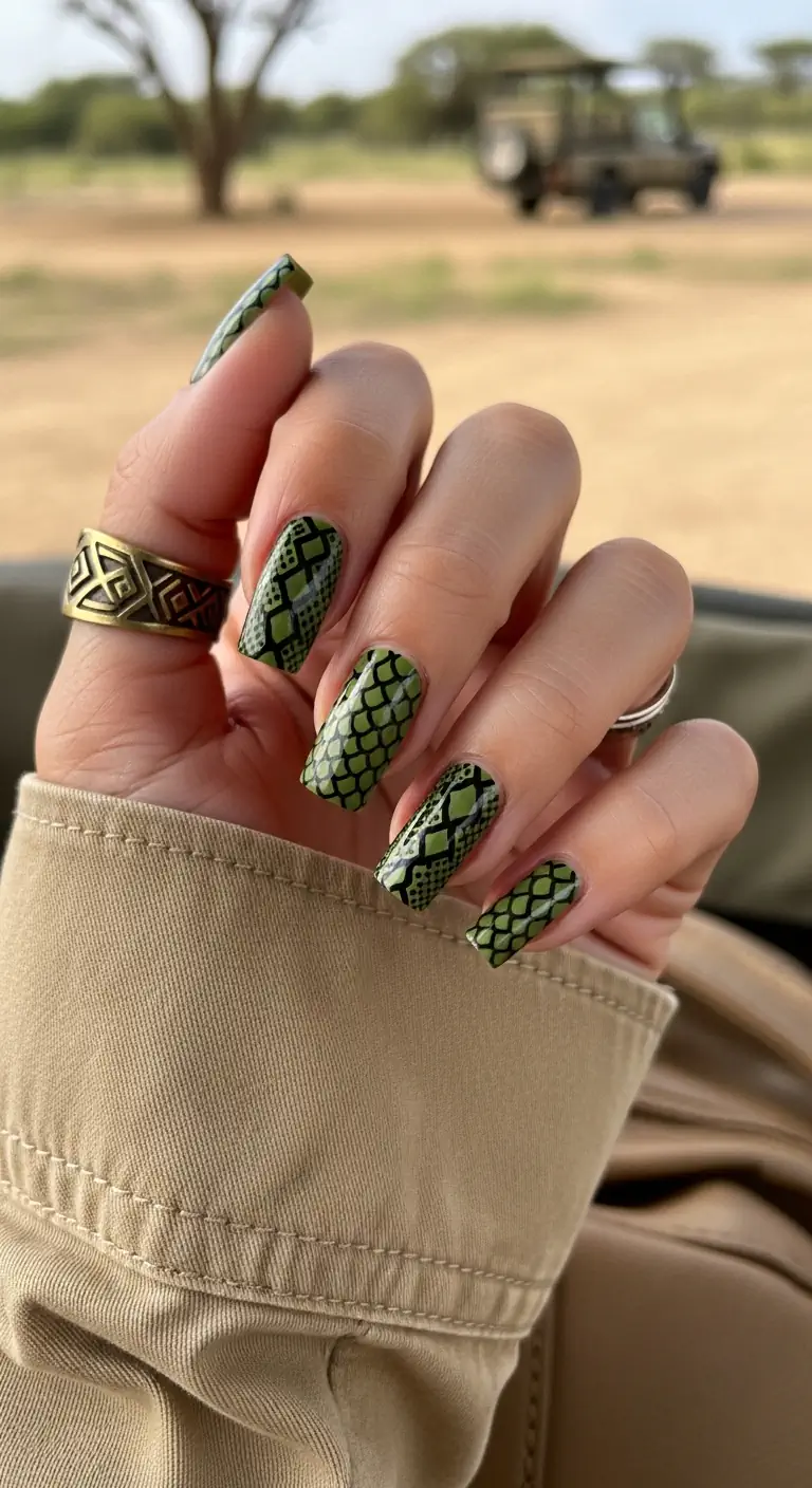 Long square nails with a highly detailed olive green and black snake scale print, set against a safari landscape