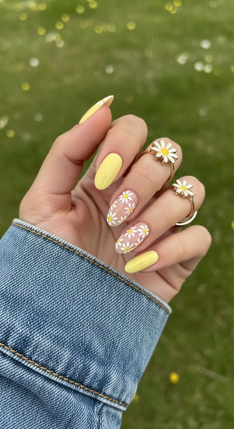 Medium oval nails alternating between solid pale yellow and a sheer base with hand-painted white daisies