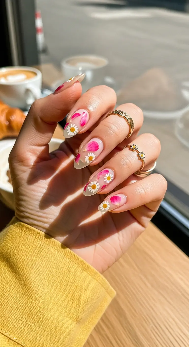 Almond nails featuring a sheer milky base with encapsulated pressed pink flower petals and tiny white daisies