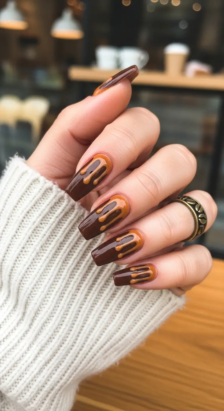 Long coffin nails featuring a dark chocolate brown base with 3D caramel-colored drips falling from the cuticle