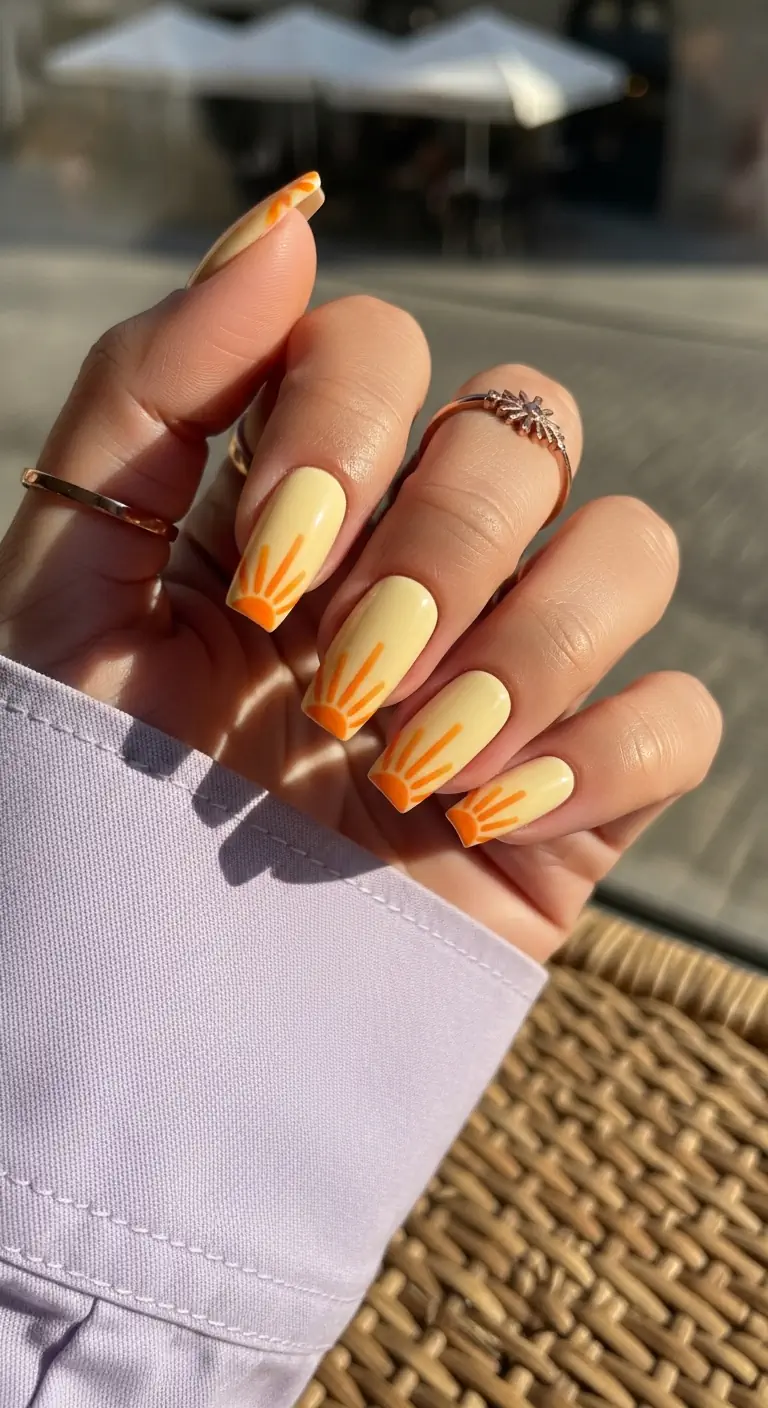 Short squared-oval pale yellow nails with small orange sun motifs and rays at the cuticle, against a blurred cafe background