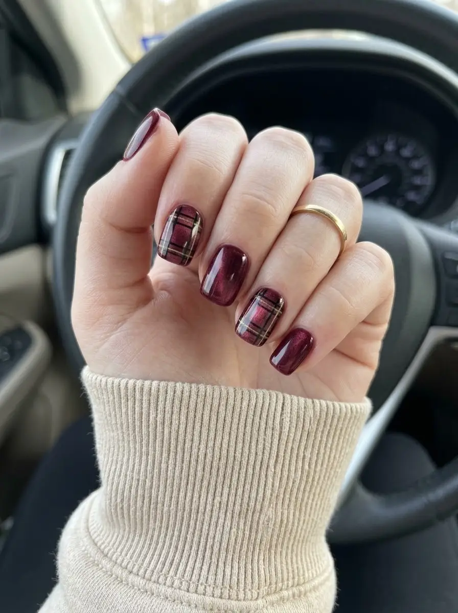 Burgundy Velvet Nails With Plaid Accents