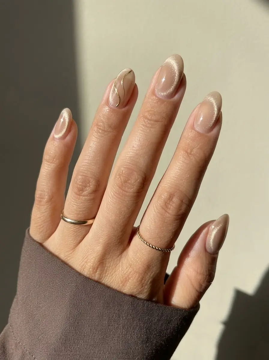 Champagne Nude Velvet Nails With Gold Swirl