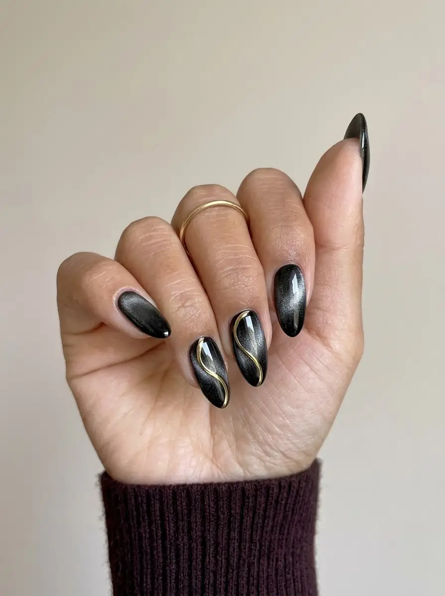 Black Velvet Nails With Gold Waves