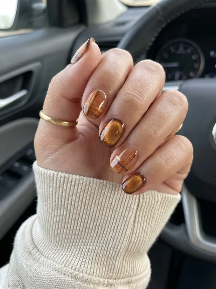 Amber Brown Velvet Nails With Sheer Plaid Lines