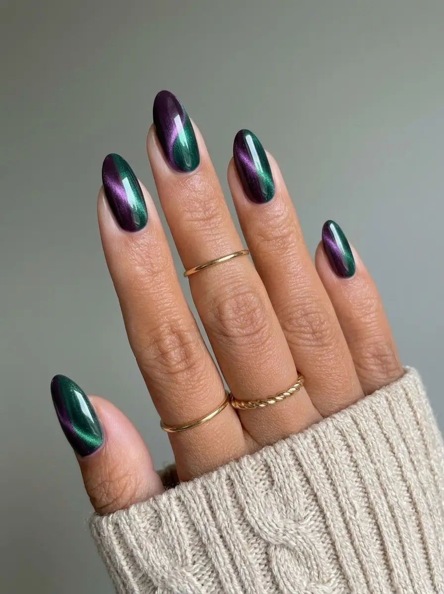 Emerald and Purple Two-Tone Velvet Nails