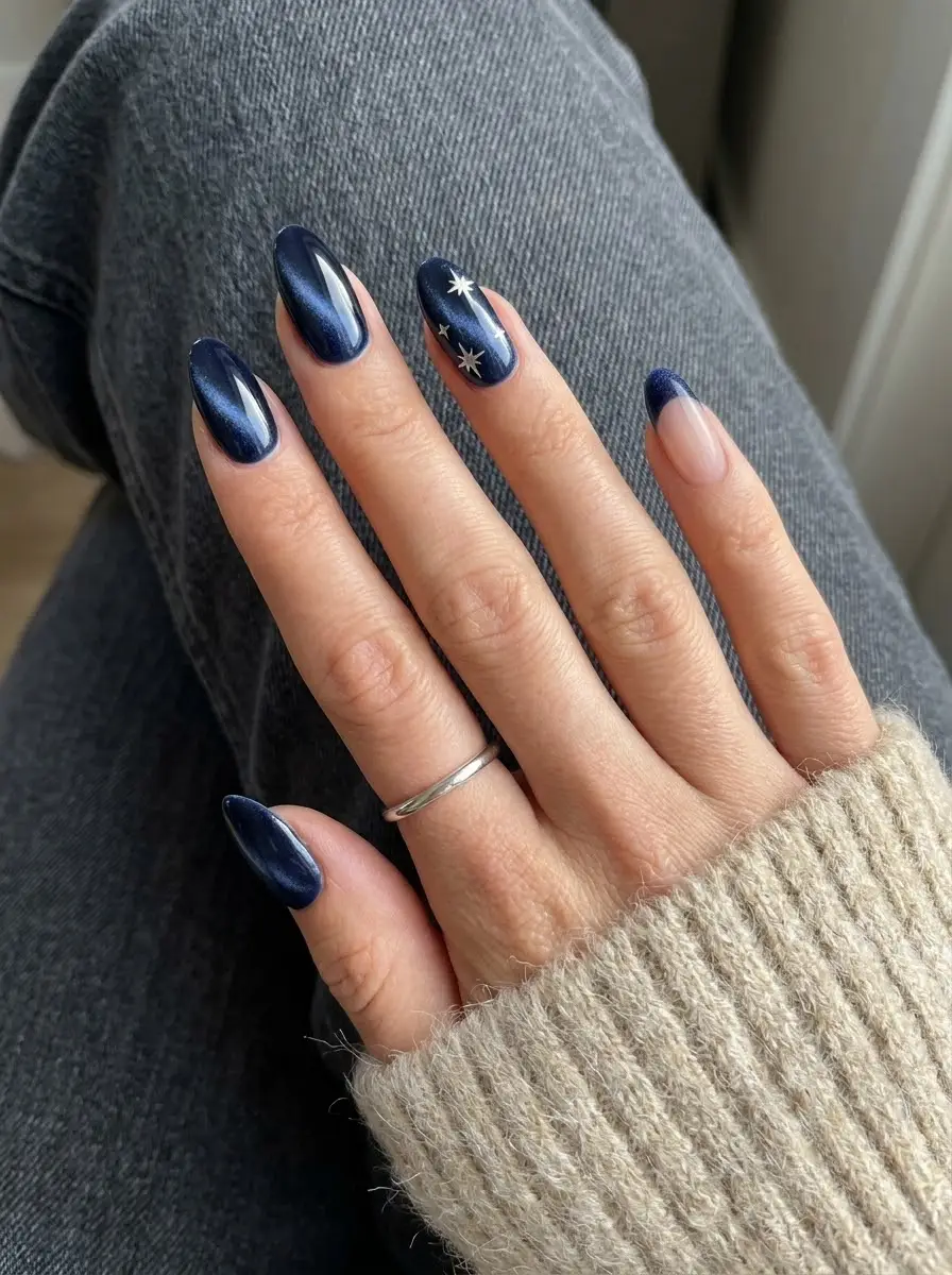 Midnight Blue Velvet Nails With Celestial Stars