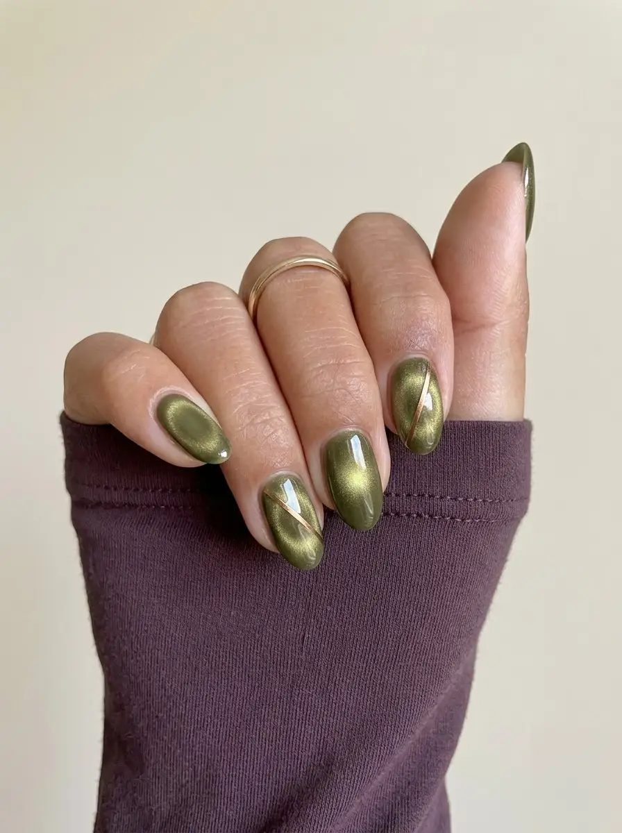 Olive Green Velvet Nails With Fine Gold Stripes