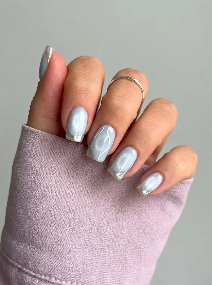 Icy Blue Velvet Nails With Sheer Tips and White Line Art