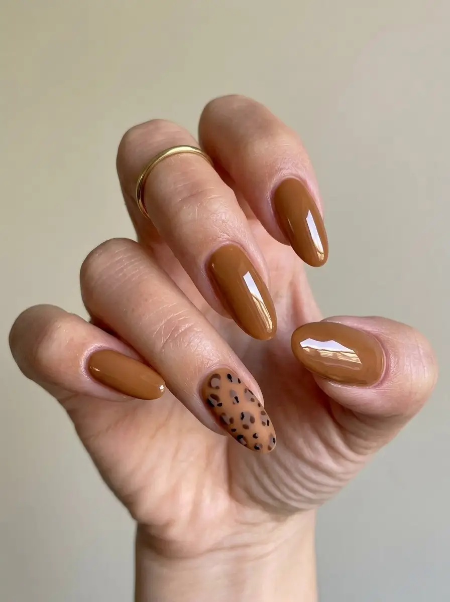 Caramel Brown Nails With Leopard Accent