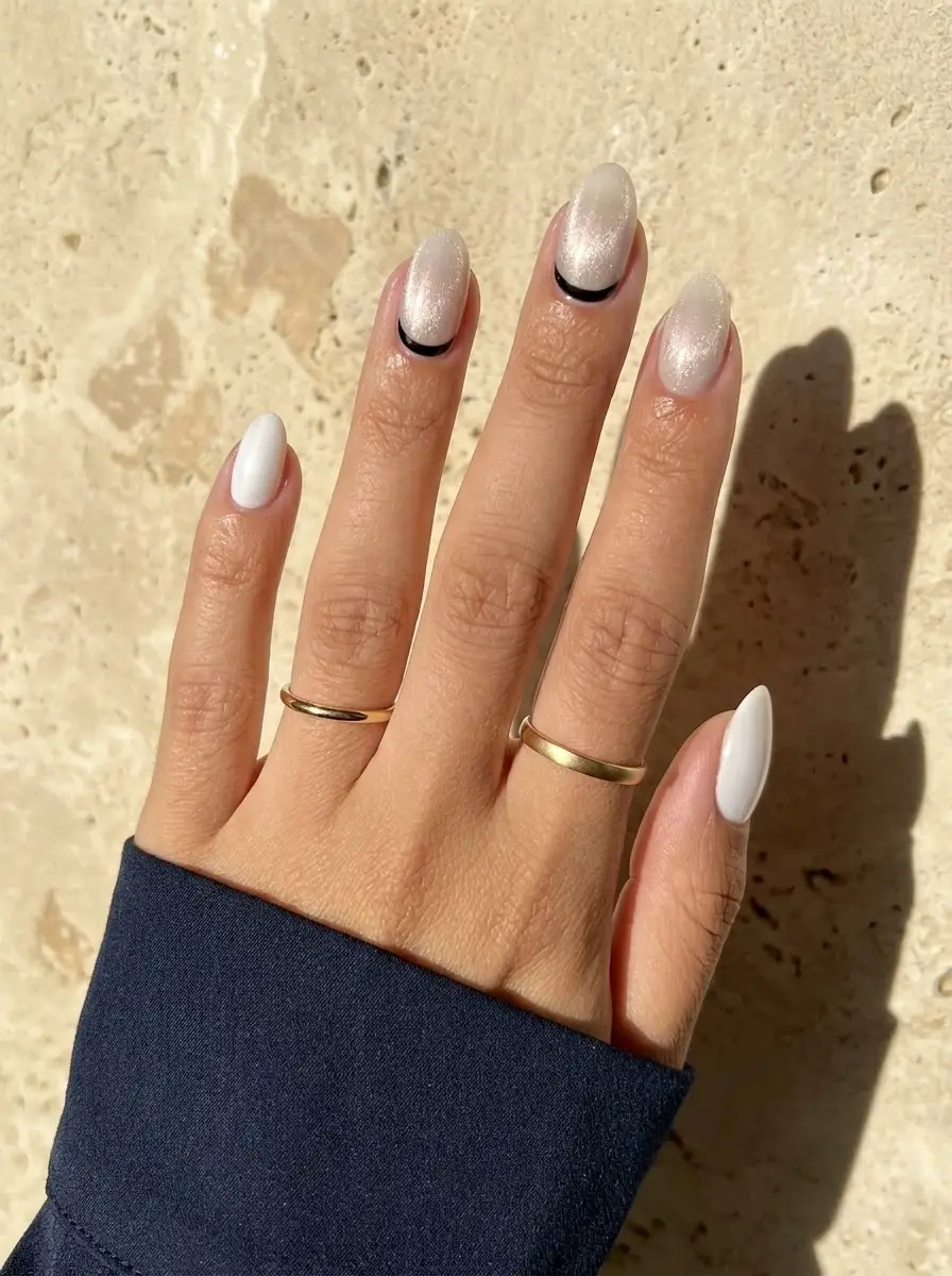 Pearl White Velvet Nails With Black Half-Moons