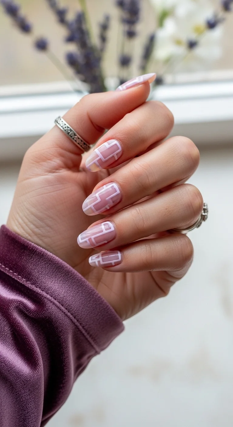 Lavender and white geometric line art on a nude base.