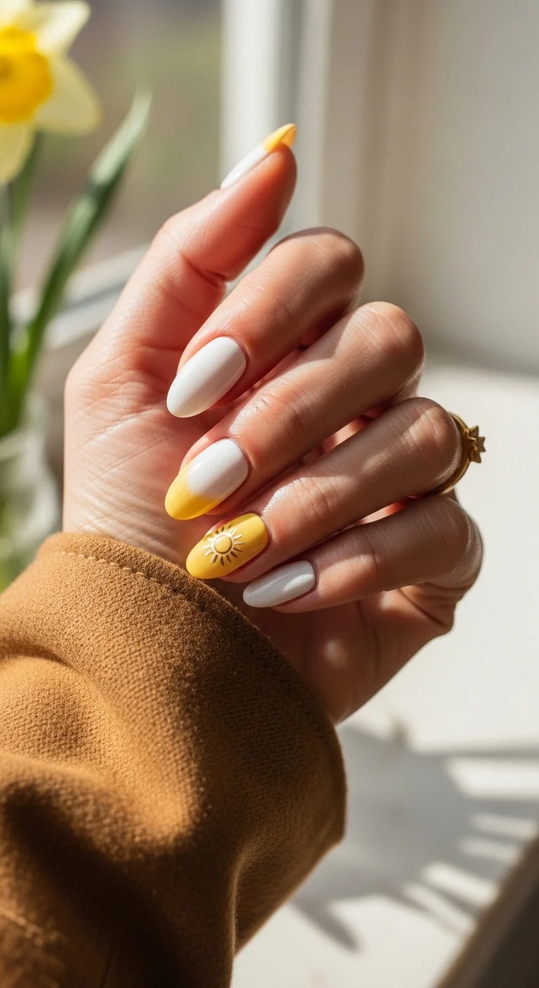 White nails with bright yellow sun and half-moon accents.