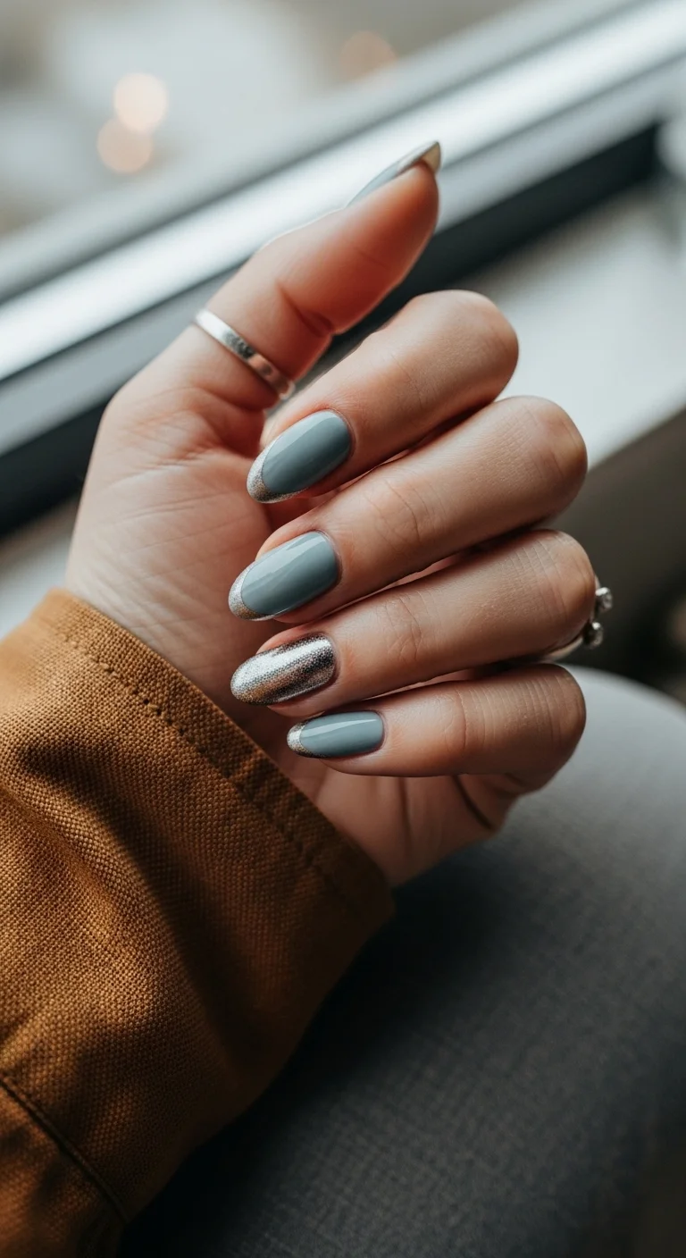Slate blue nails with silver glitter tips and one full glitter accent nail.