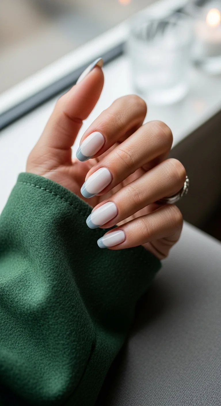 Milky white nails with soft periwinkle blue French tips.