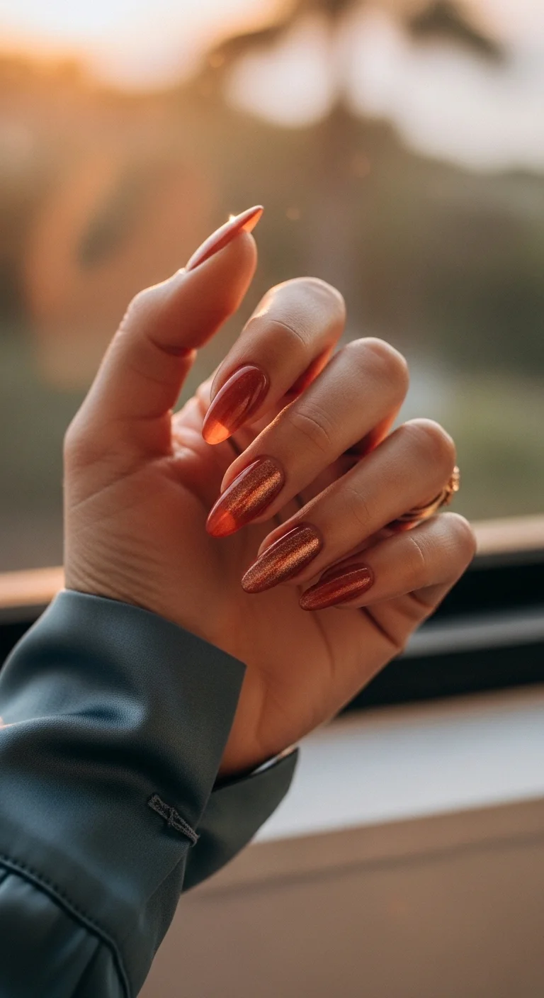 Deep burnt orange jelly nails with embedded gold shimmer.
