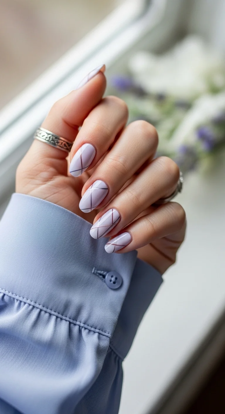 Pale lilac nails with thin, geometric silver criss-cross lines.