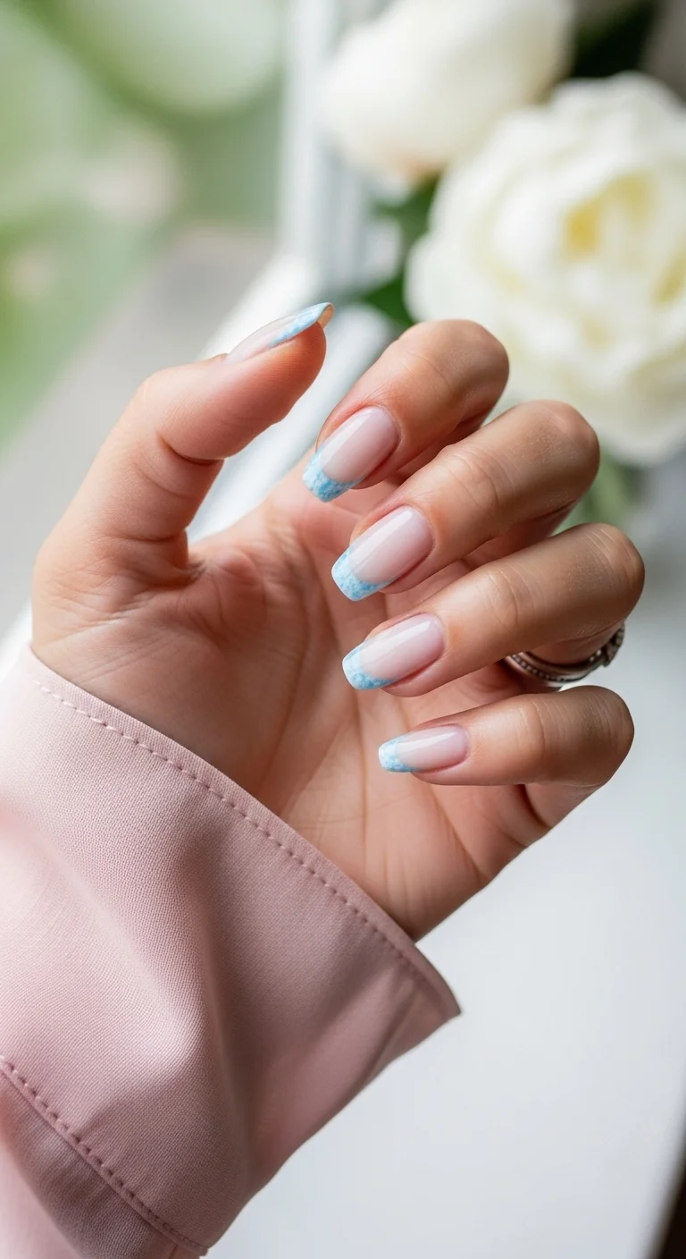 Clear base nails with marbled, cloudy blue French tips.