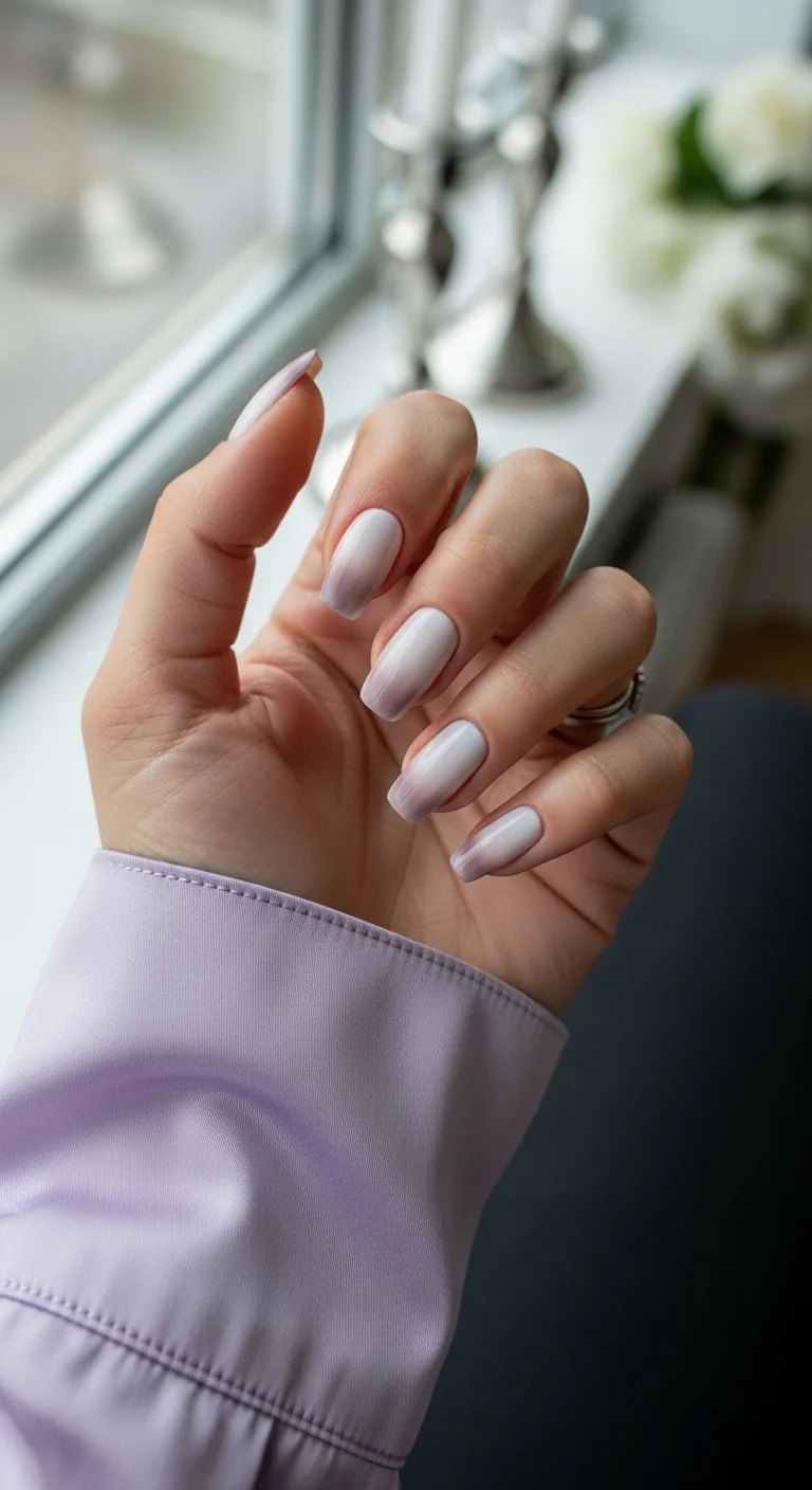 Milky white to soft purple vertical ombre nails.