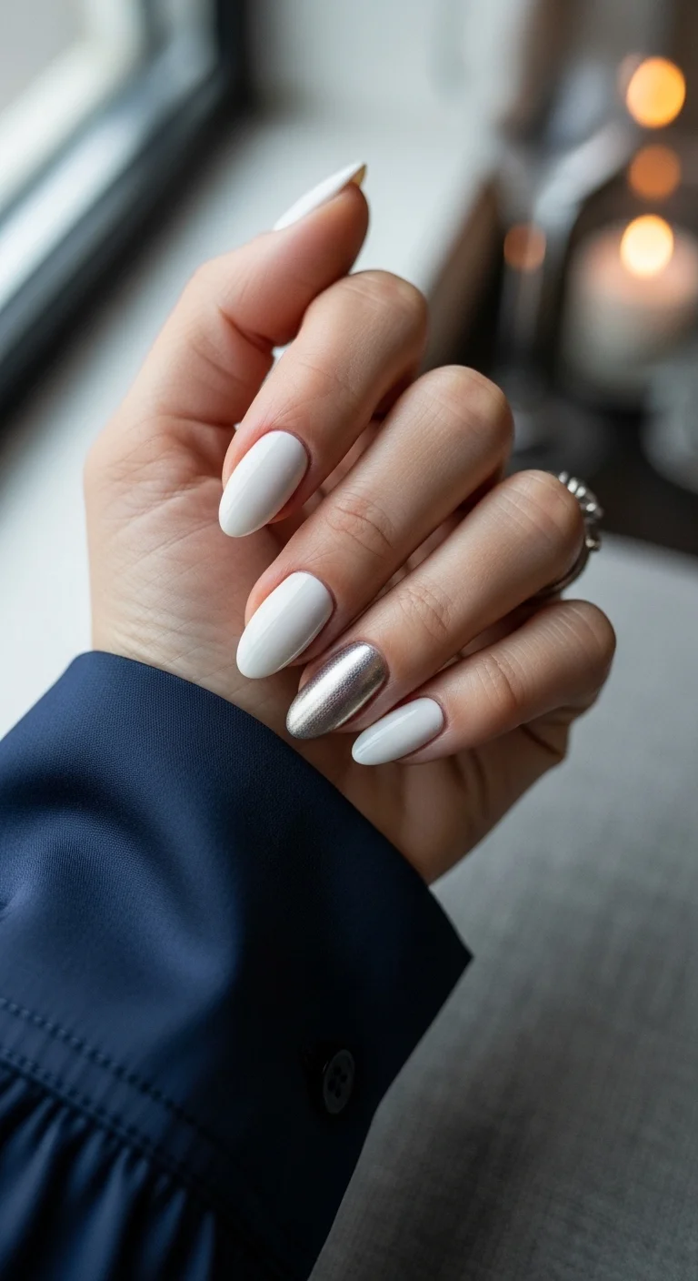 Crisp white nails with a single textured silver chrome accent nail.