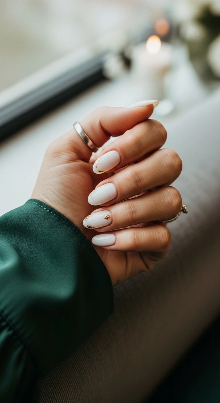 Milky white nails with tiny gold stud or foil clusters near the cuticles.