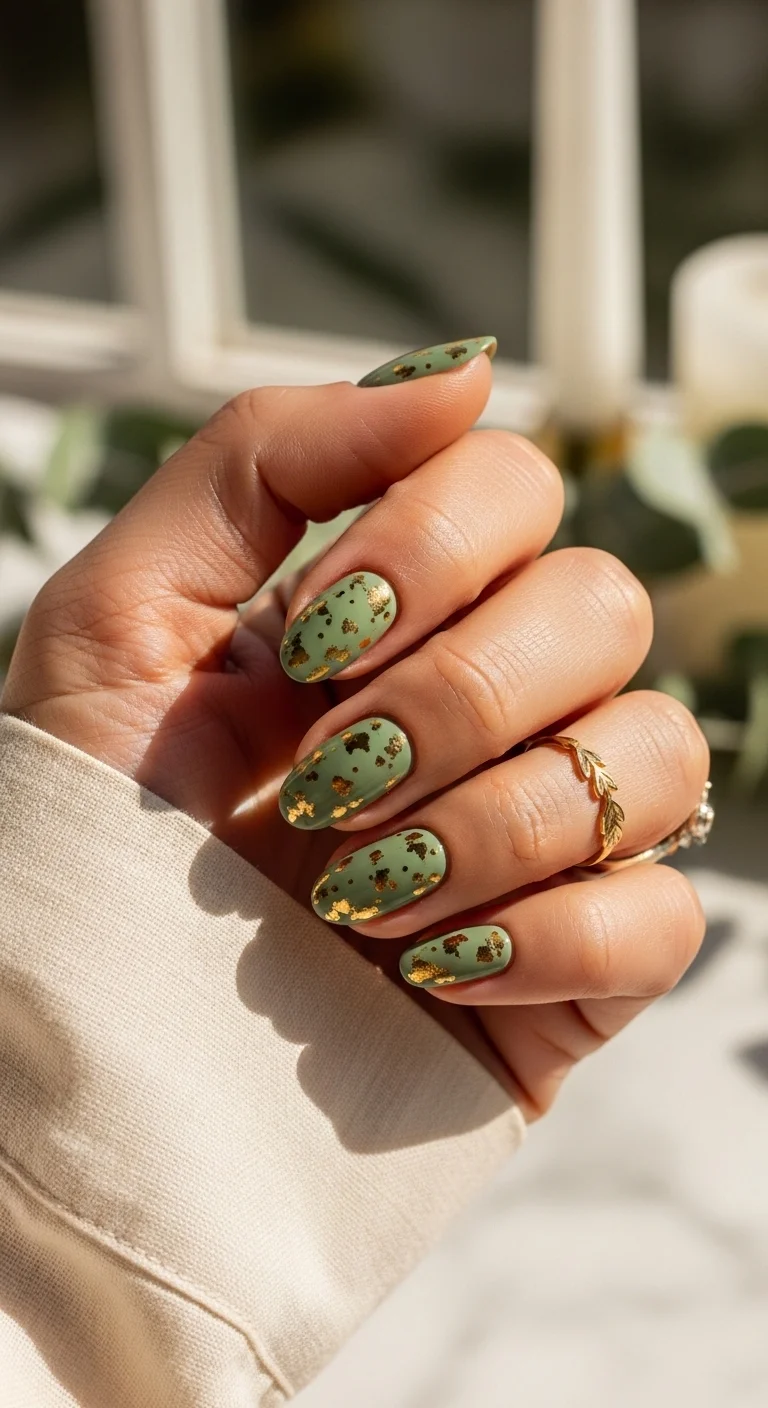 Sage green nails with random gold foil flakes.