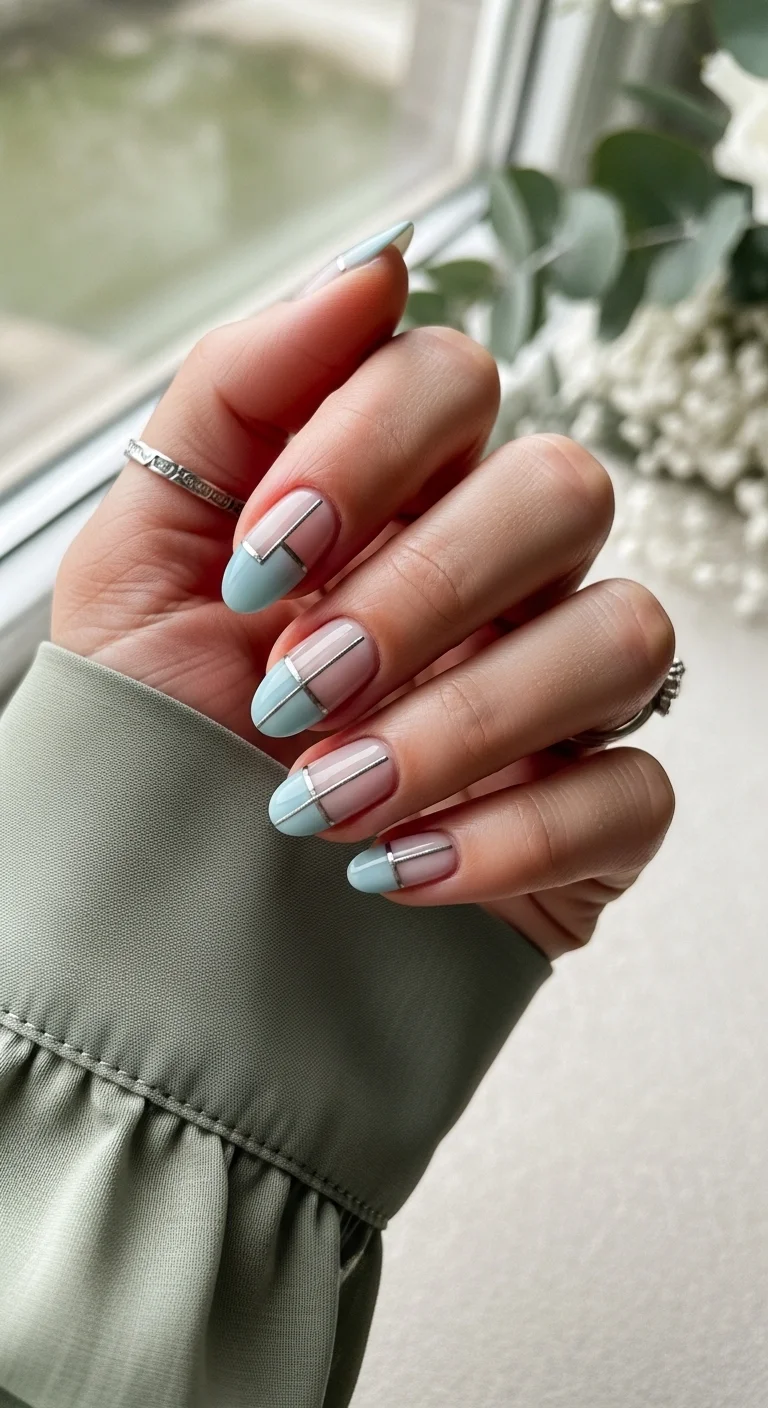 Nude base nails with sky blue French tips and thin silver line accents.