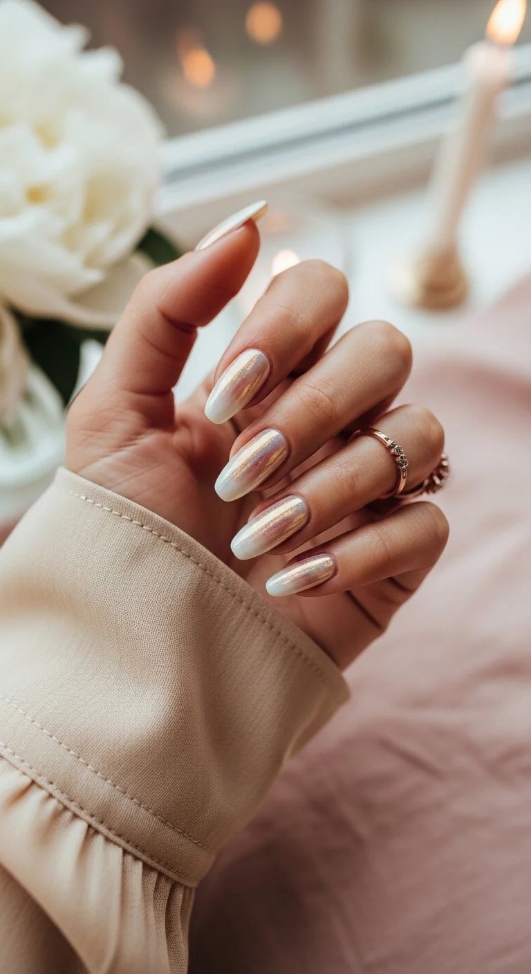 Pearlescent chrome ombre from milky white to a soft gold sheen.