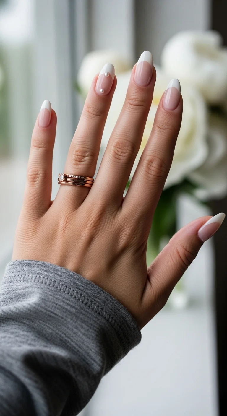 Classic French manicure with tiny 3D pearl accents at the base of the nail.