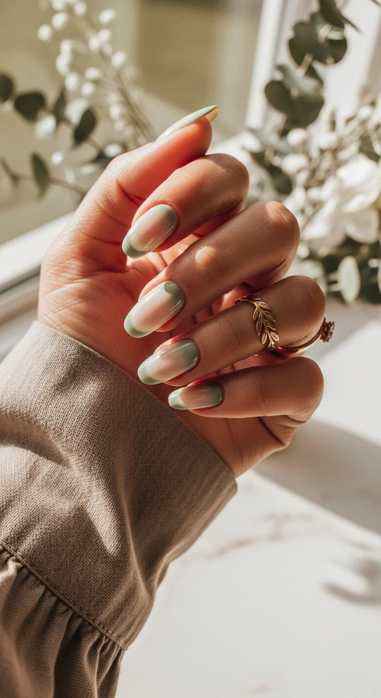 Nude nails with soft, blurred sage green aura tips.
