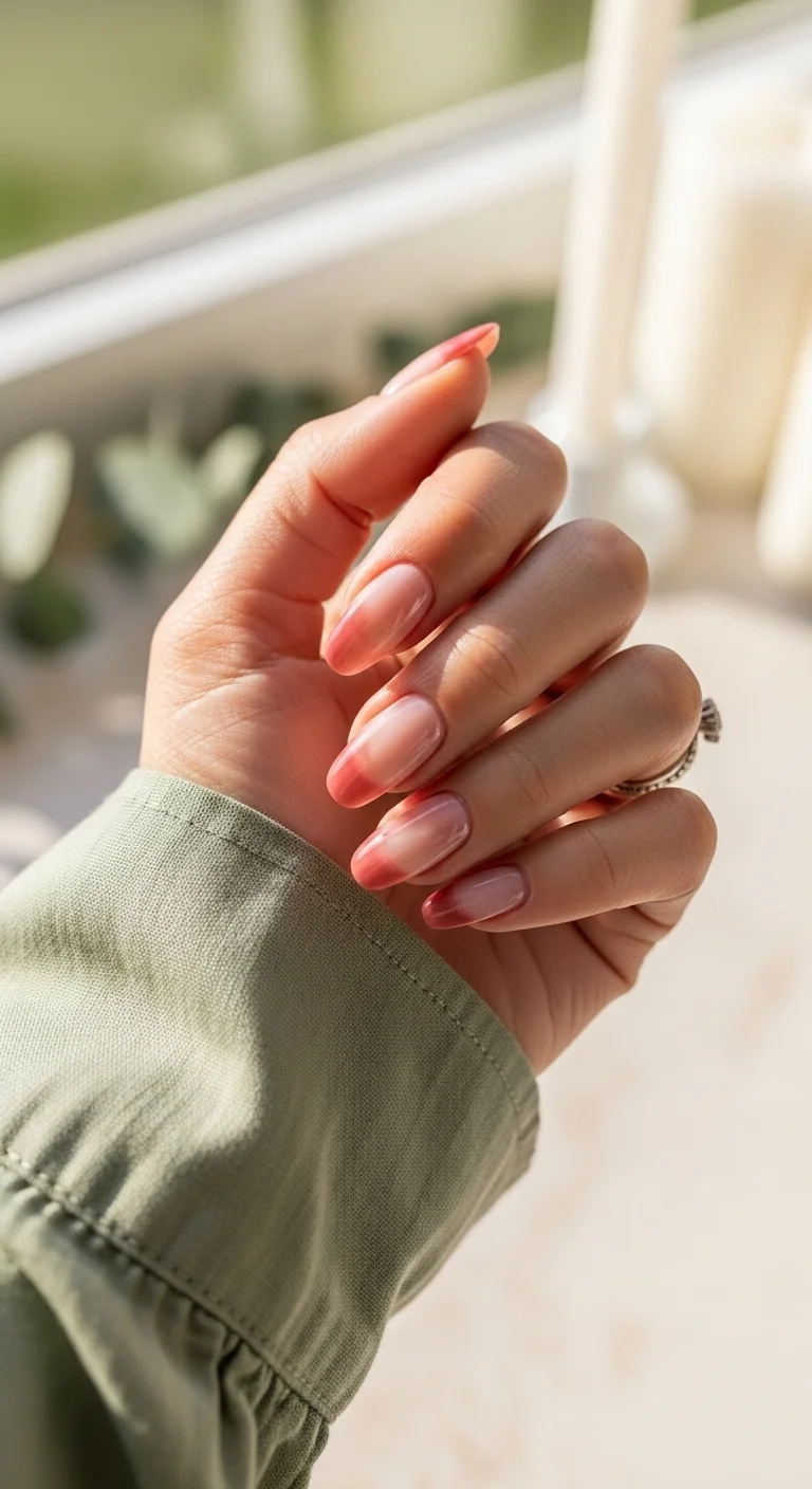 Nude nails with soft reddish-pink 'blush' tips.