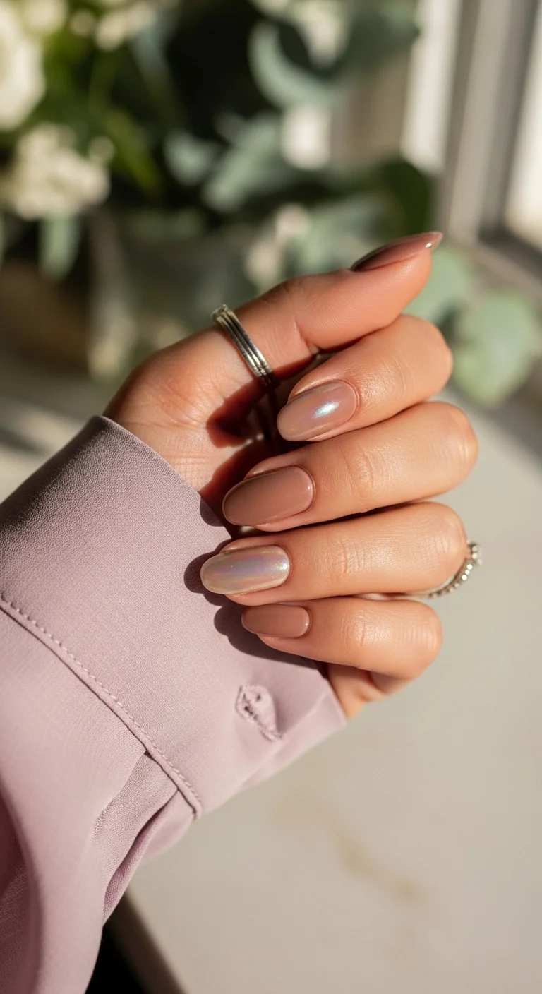 Soft mauve nails with a shimmering iridescent chrome accent.