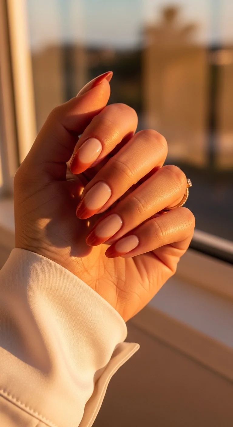Classic French manicure with warm, reddish-orange tips.
