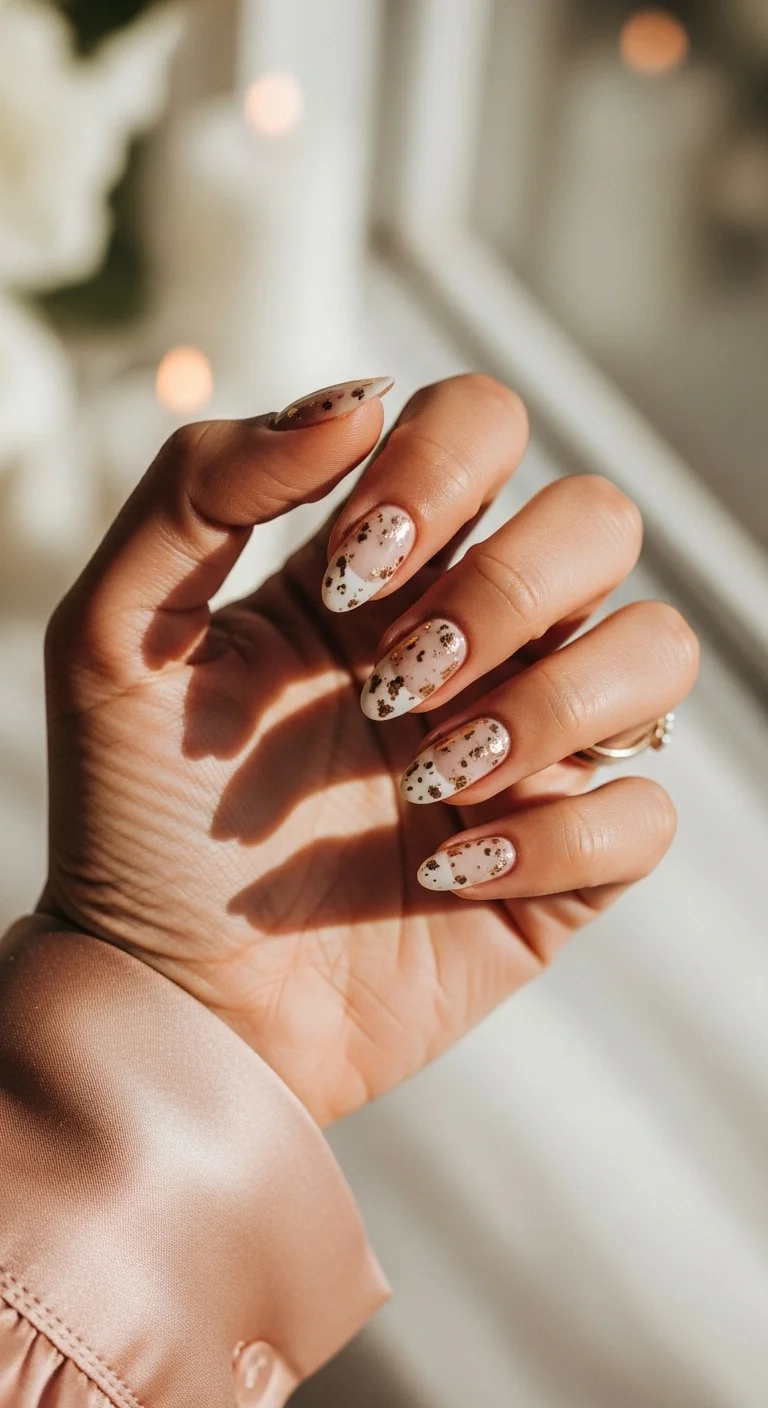 Milky white nails with heavy, organic gold leaf accents.