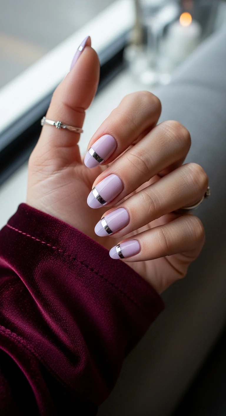Pale lilac nails with a single horizontal silver metallic stripe.