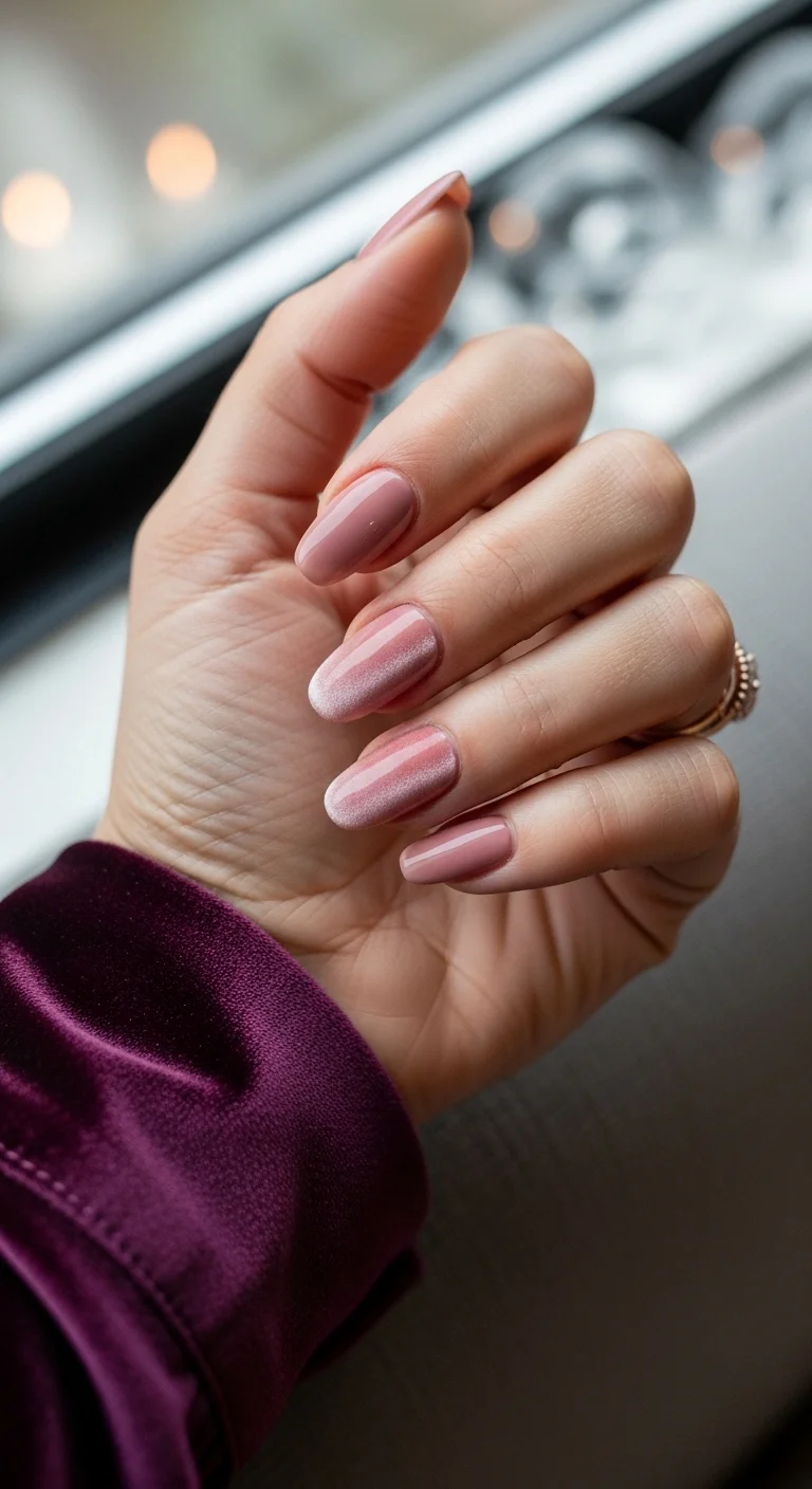Dusty rose nails with a velvet, cat-eye shimmer finish.