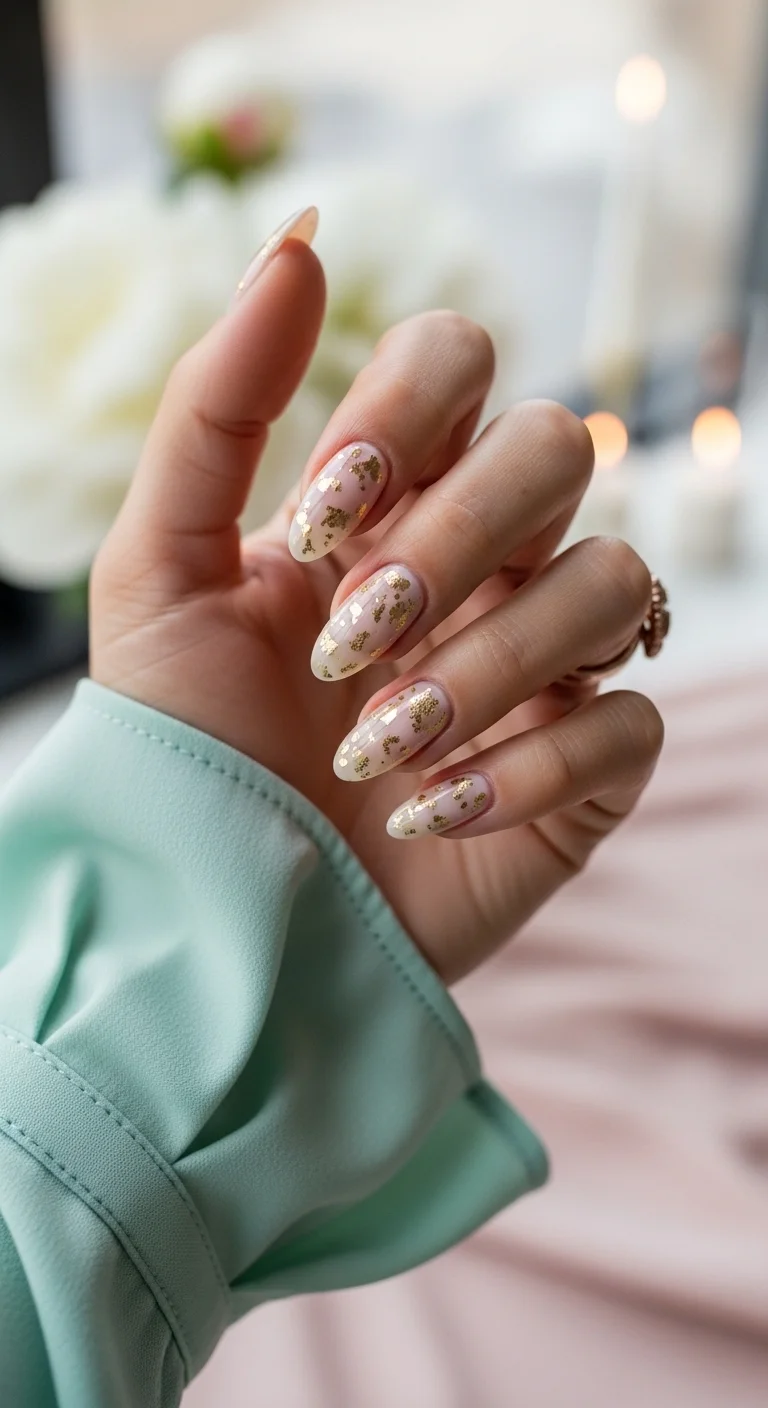 Semi-sheer white nails with sporadic gold leaf and glitter.