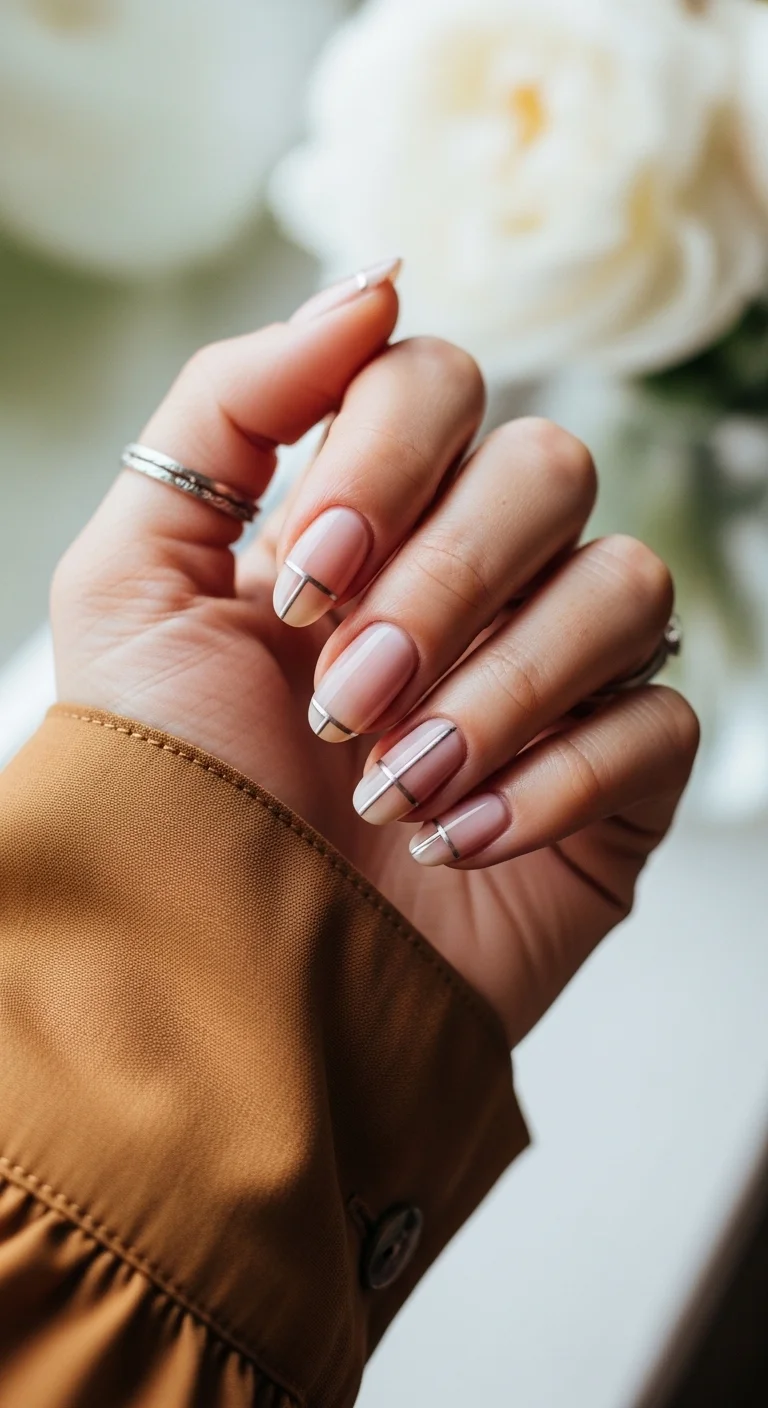 Nude nails with ultra-thin silver horizontal and vertical lines.